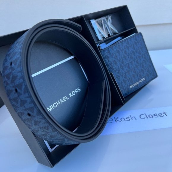 Michael Kors Mens MK Signature Belt & Billfold Wallet Set - Admiral/ Pale Blue - Picture 1 of 13